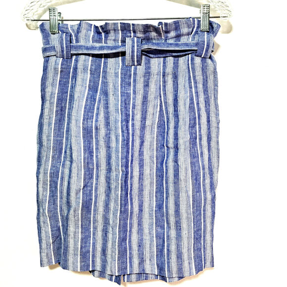 H&M Linen Blend Paperbag Skirt Minimalist Blue Stripe Button-Up Belt Sz 4 NWOT - Picture 3 of 8